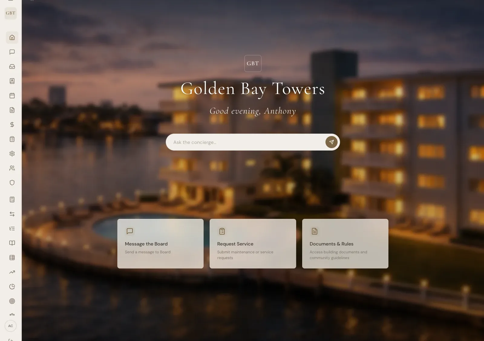 Luxury resident portal with announcements, services, and community features