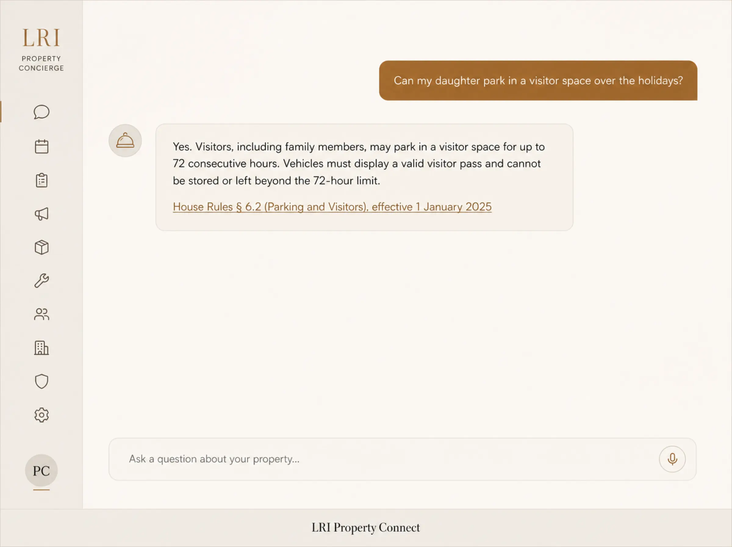A property concierge conversation: a question about the house rules, answered with the rule, the document it came from, and the date it was last revised